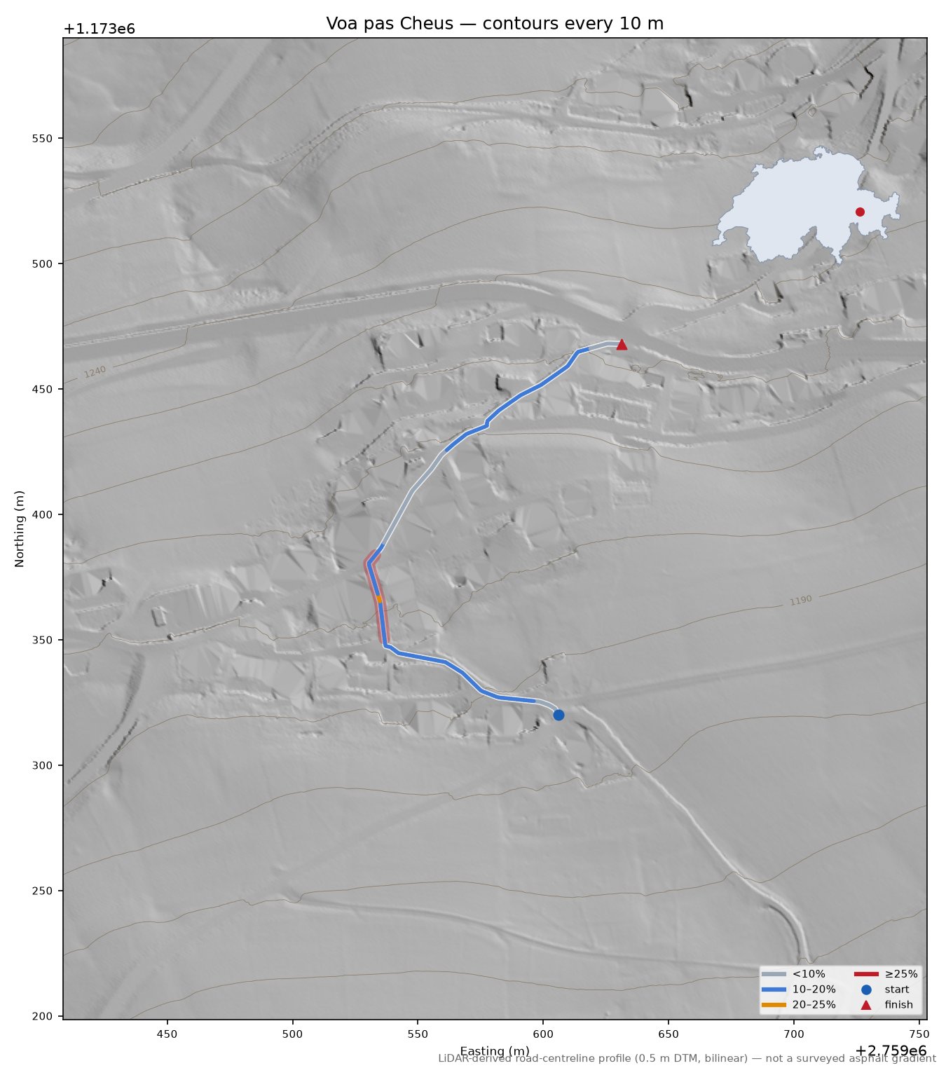Voa pas Cheus LiDAR hillshade map with contours