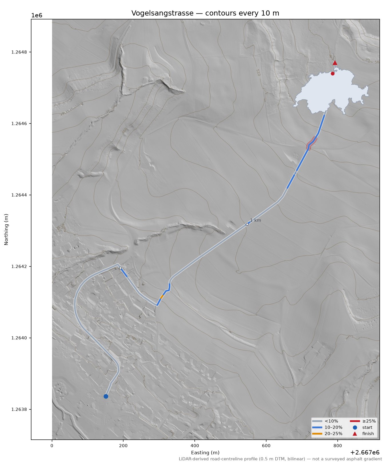 Vogelsangstrasse LiDAR hillshade map with contours
