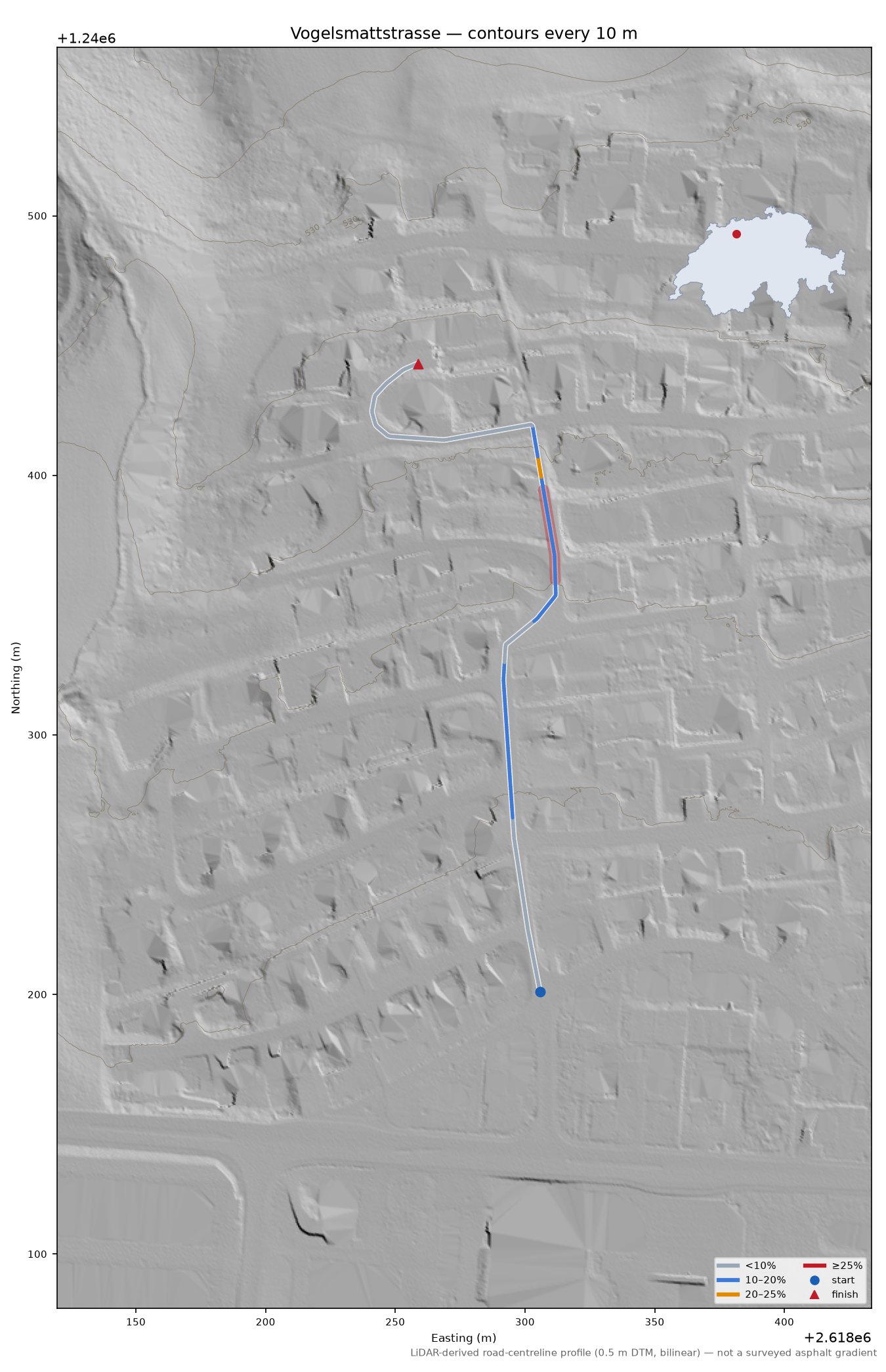 Vogelsmattstrasse LiDAR hillshade map with contours