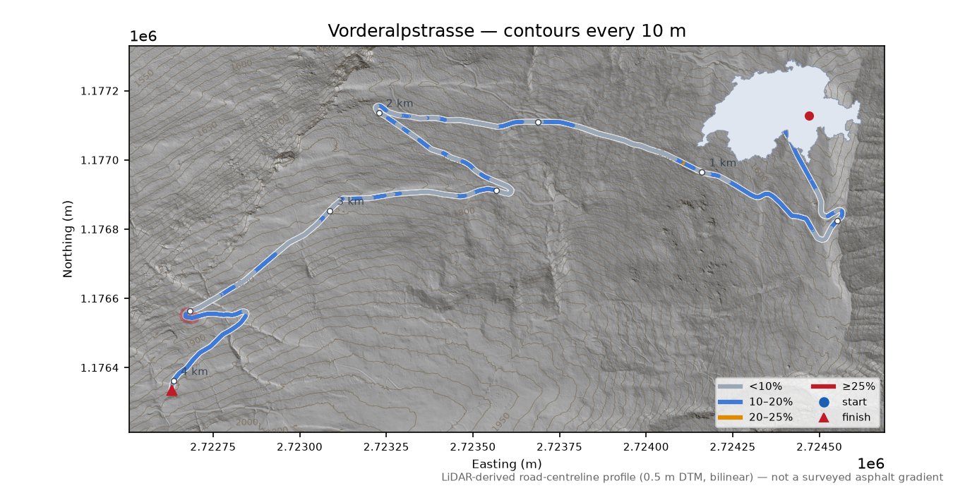 Vorderalpstrasse LiDAR hillshade map with contours