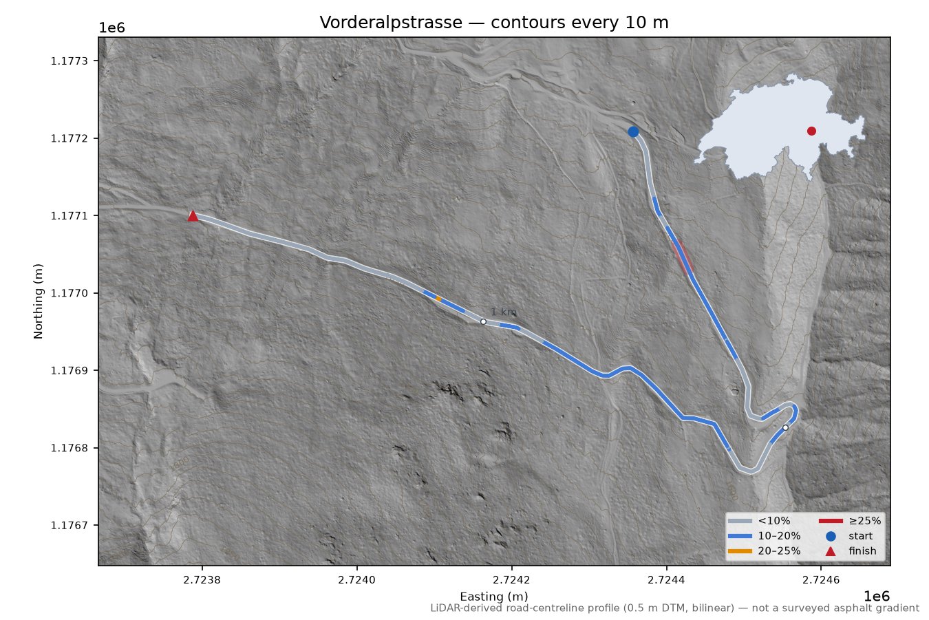 Vorderalpstrasse LiDAR hillshade map with contours