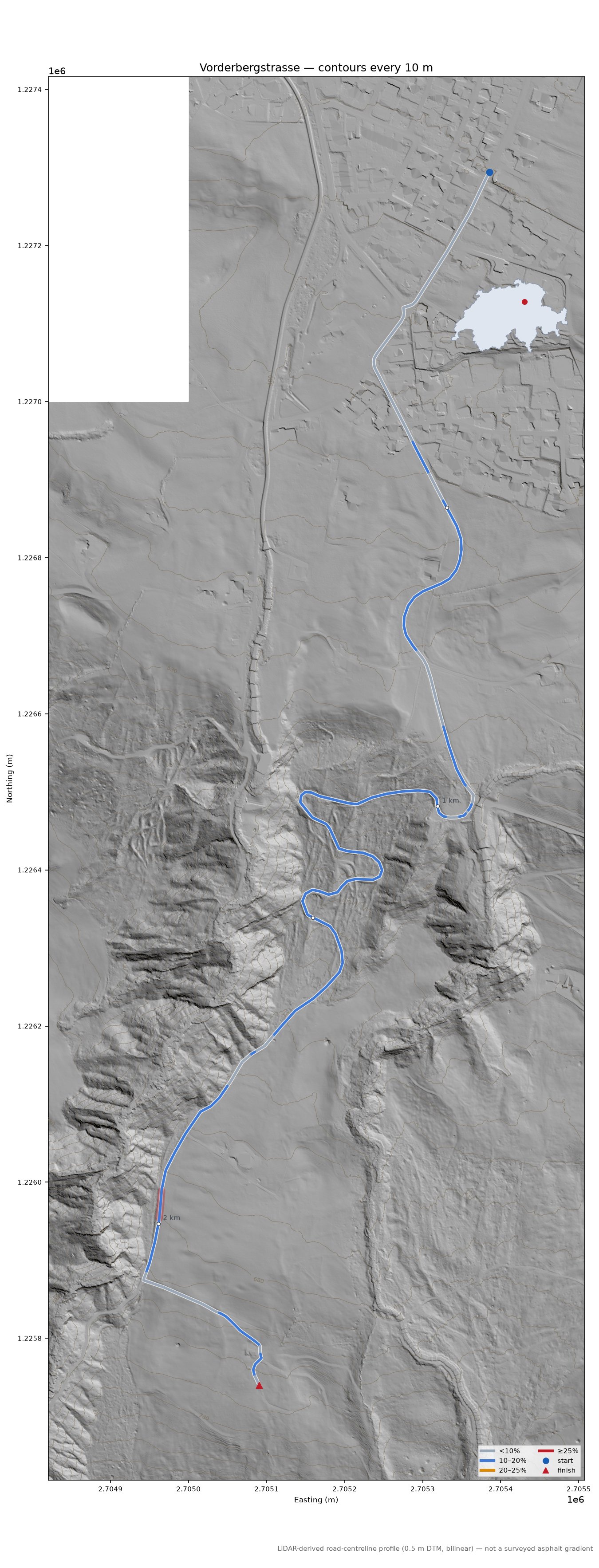 Vorderbergstrasse LiDAR hillshade map with contours