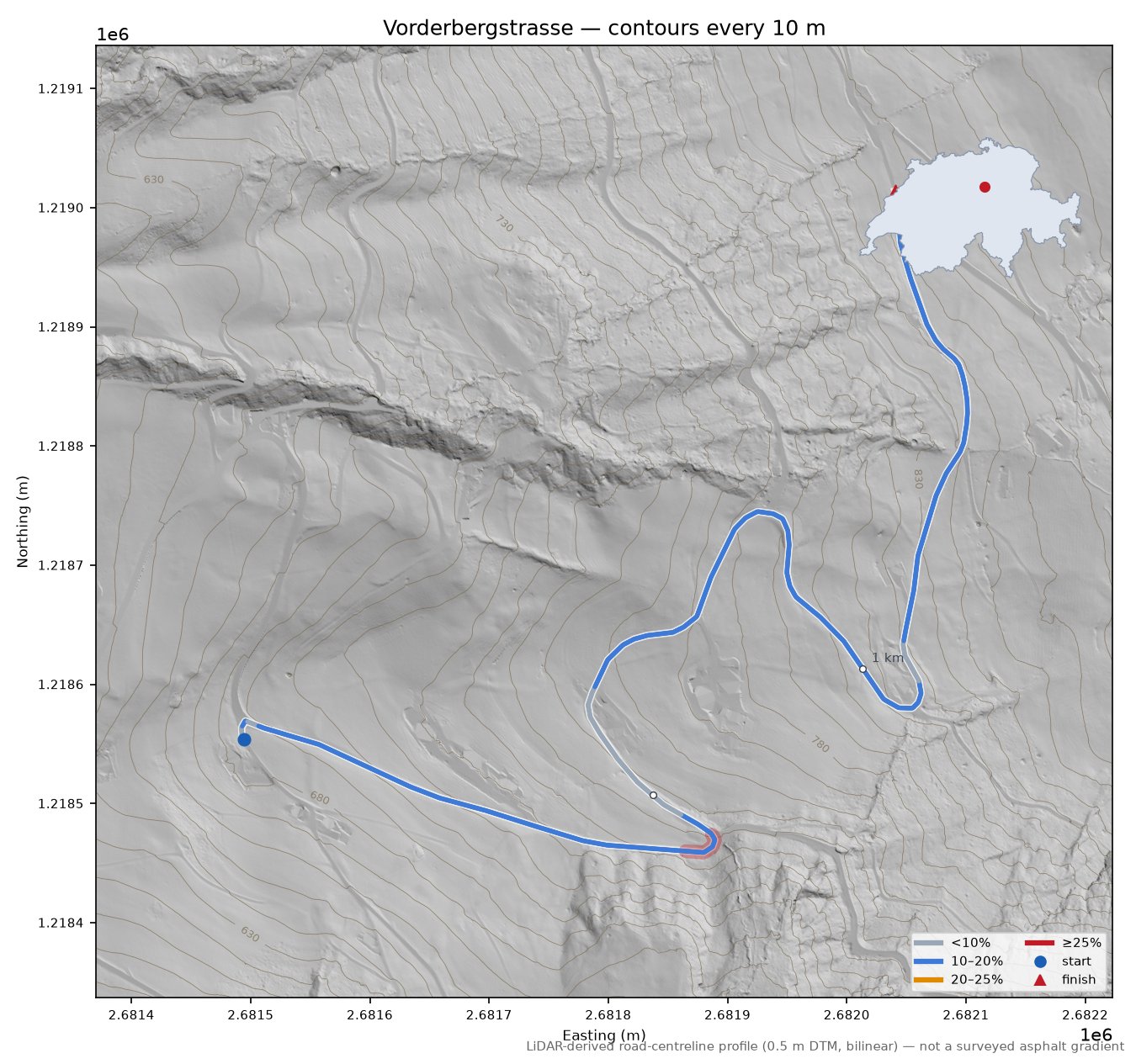 Vorderbergstrasse LiDAR hillshade map with contours