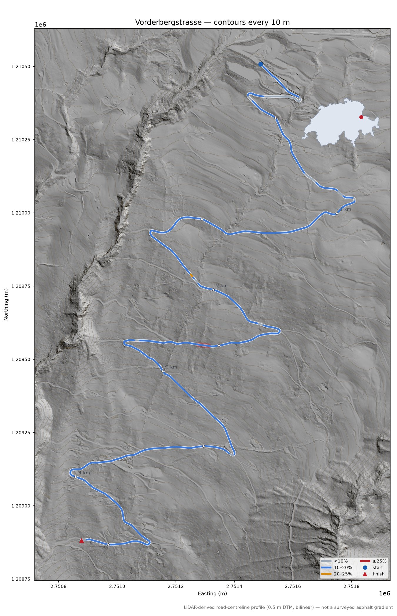 Vorderbergstrasse LiDAR hillshade map with contours