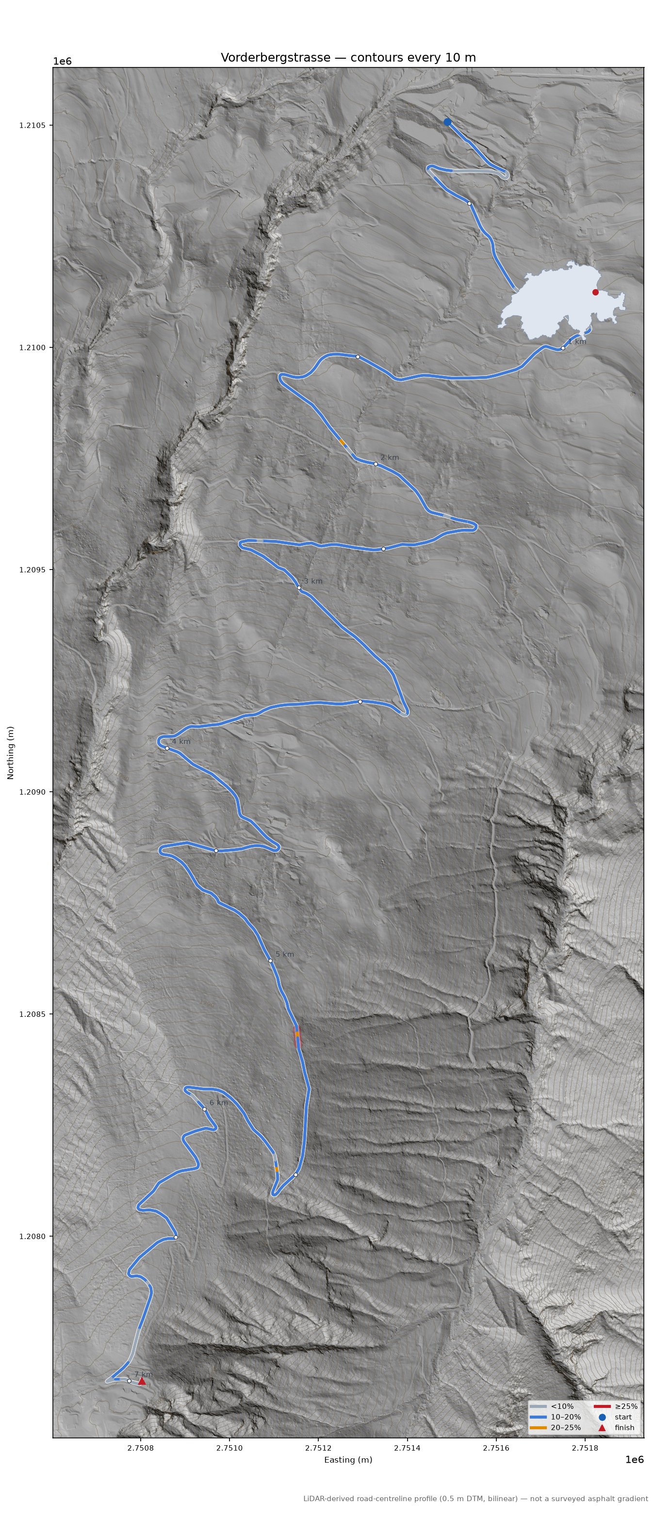 Vorderbergstrasse LiDAR hillshade map with contours
