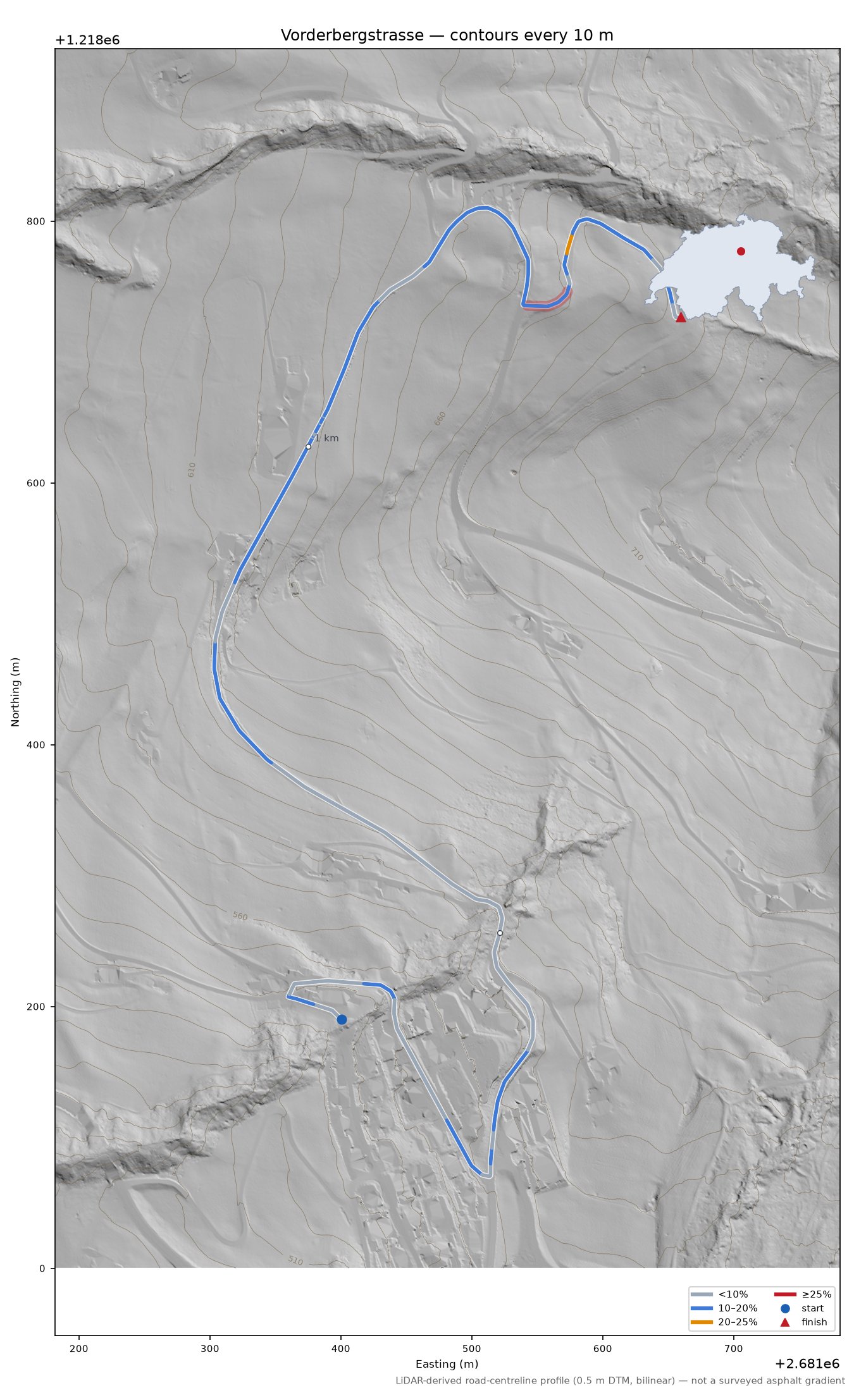 Vorderbergstrasse LiDAR hillshade map with contours