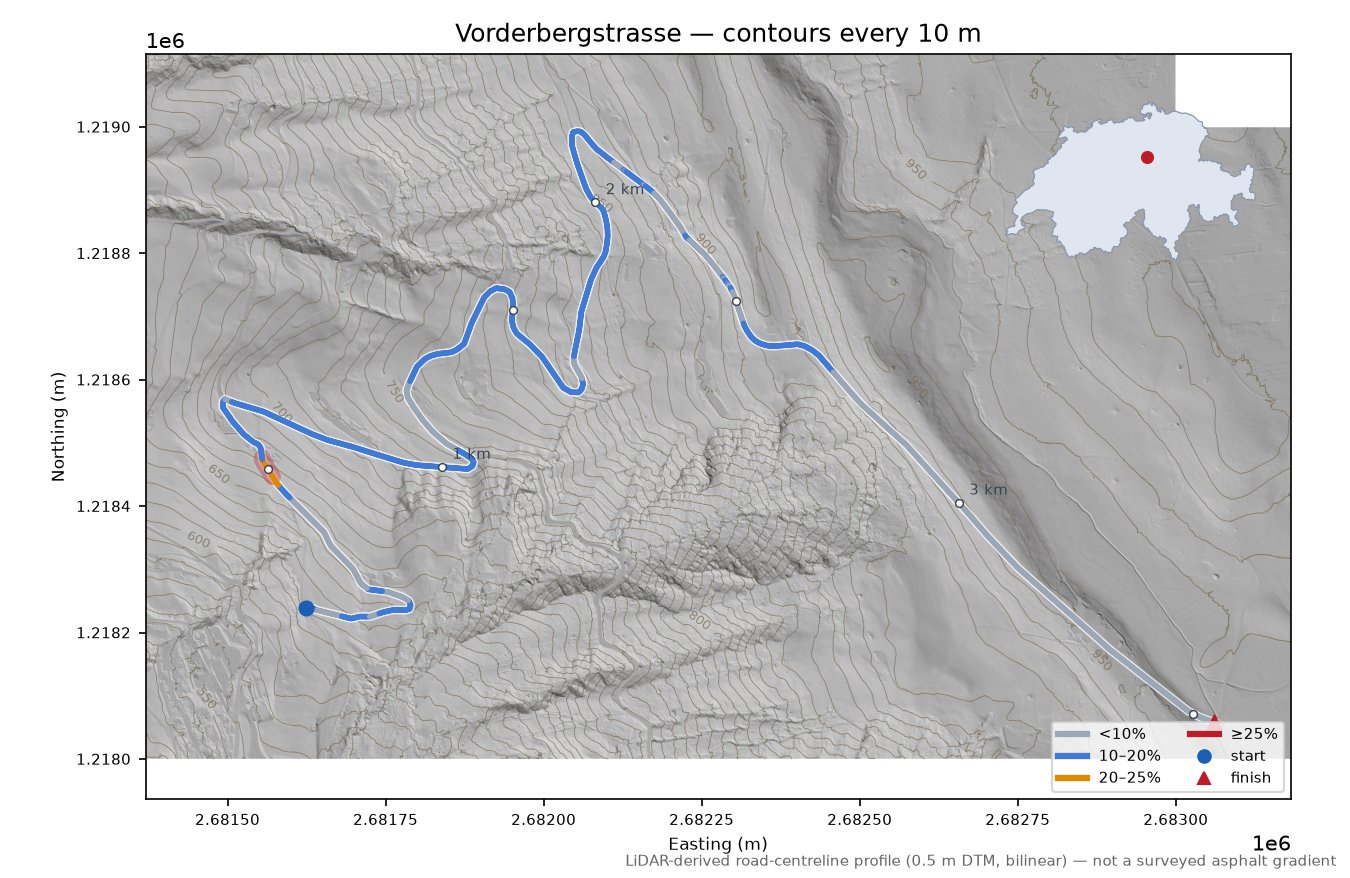 Vorderbergstrasse LiDAR hillshade map with contours