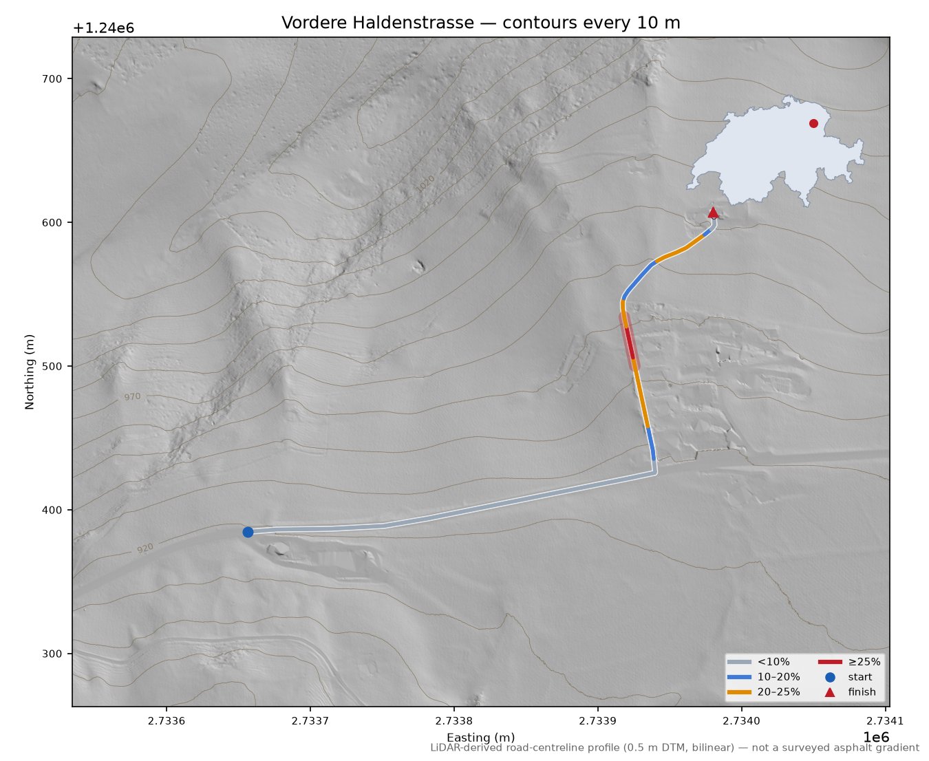 Vordere Haldenstrasse LiDAR hillshade map with contours