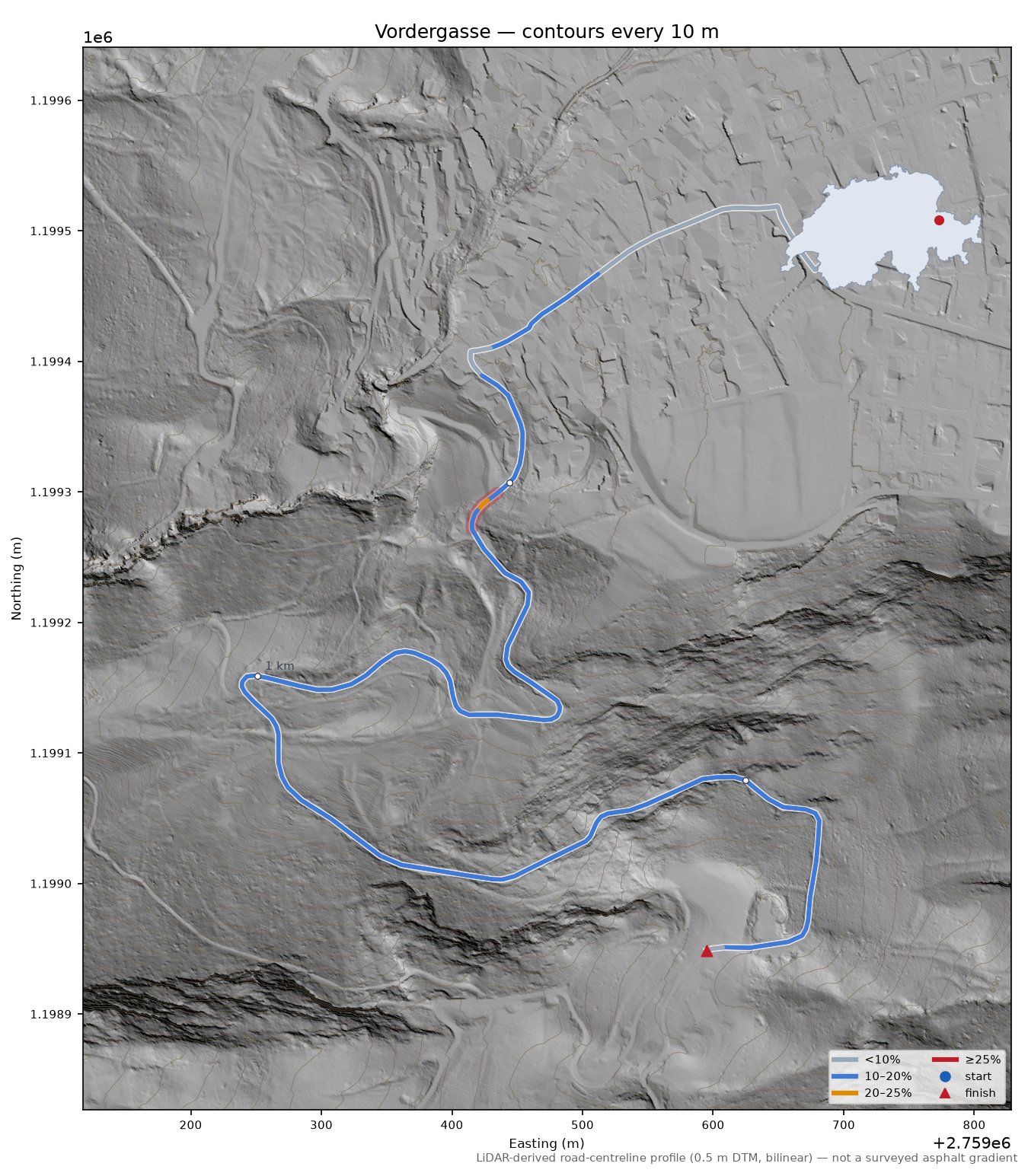 Vordergasse LiDAR hillshade map with contours