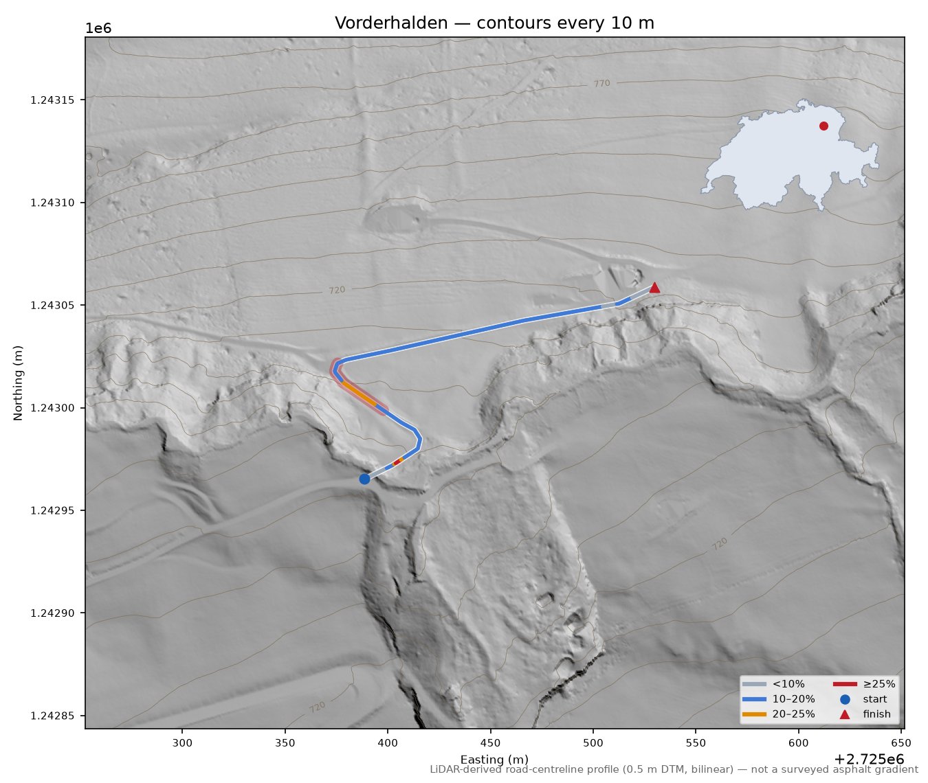 Vorderhalden LiDAR hillshade map with contours