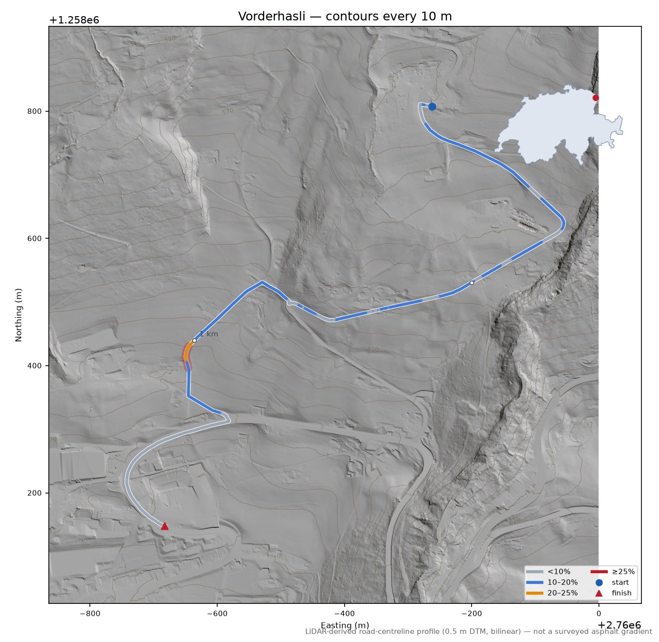 Vorderhasli LiDAR hillshade map with contours