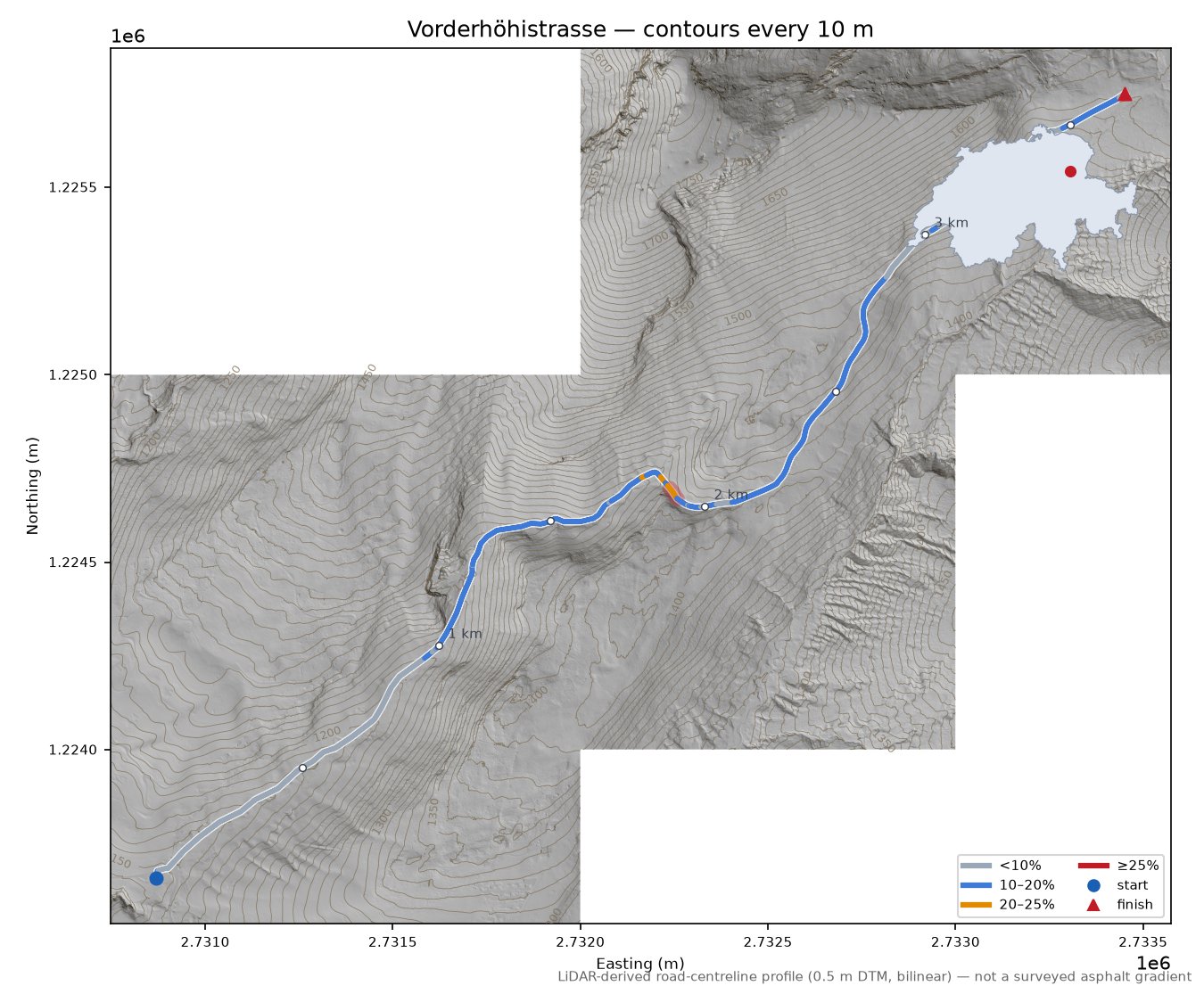 Vorderhöhistrasse LiDAR hillshade map with contours