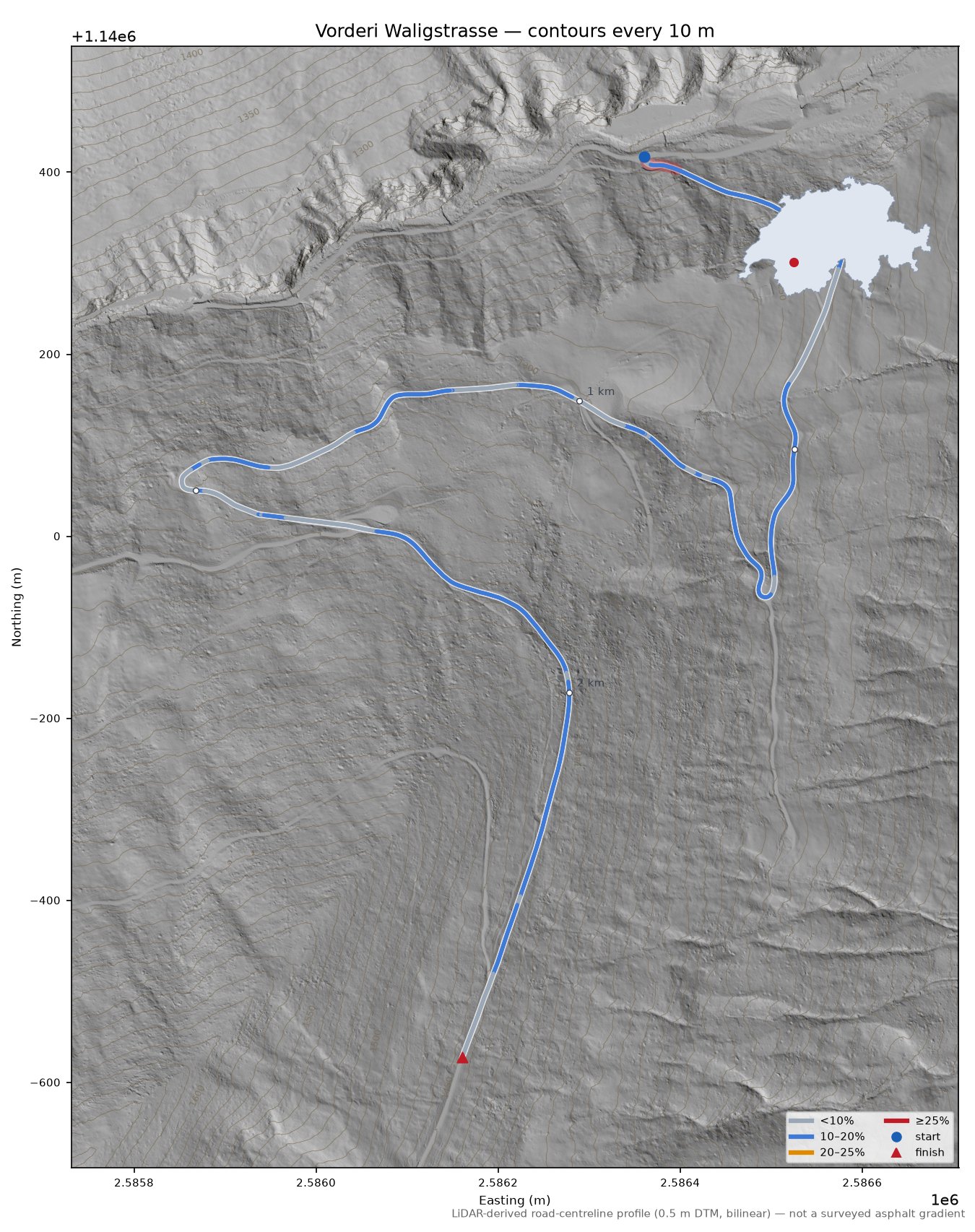Vorderi Waligstrasse LiDAR hillshade map with contours