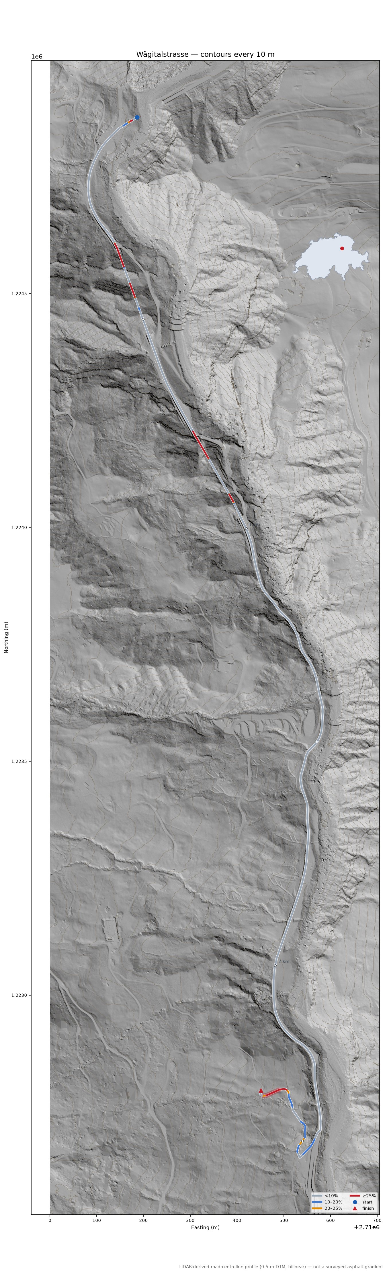 Wägitalstrasse LiDAR hillshade map with contours