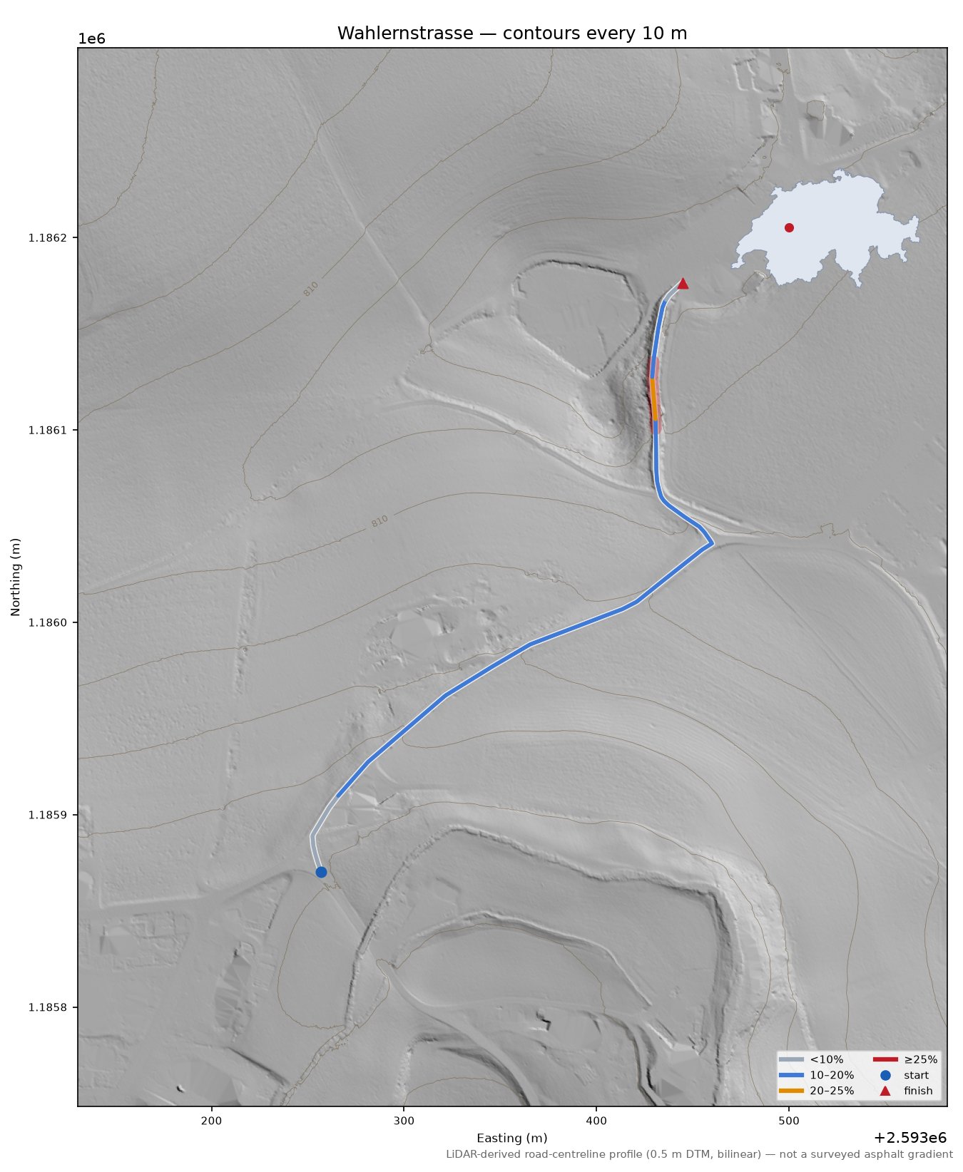 Wahlernstrasse LiDAR hillshade map with contours