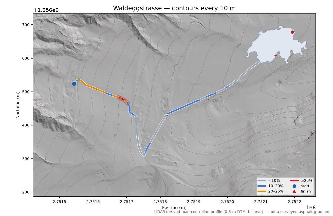 Waldeggstrasse LiDAR hillshade map with contours
