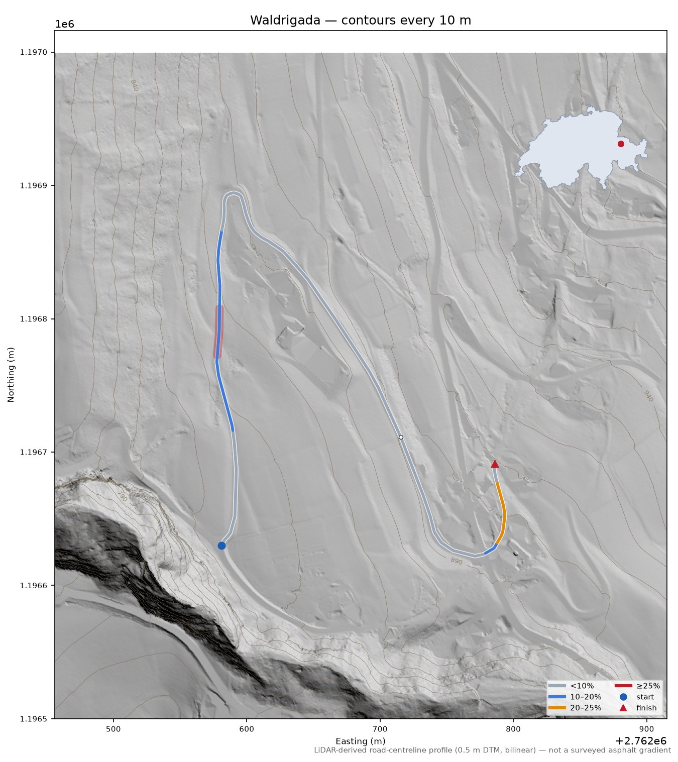 Waldrigada LiDAR hillshade map with contours