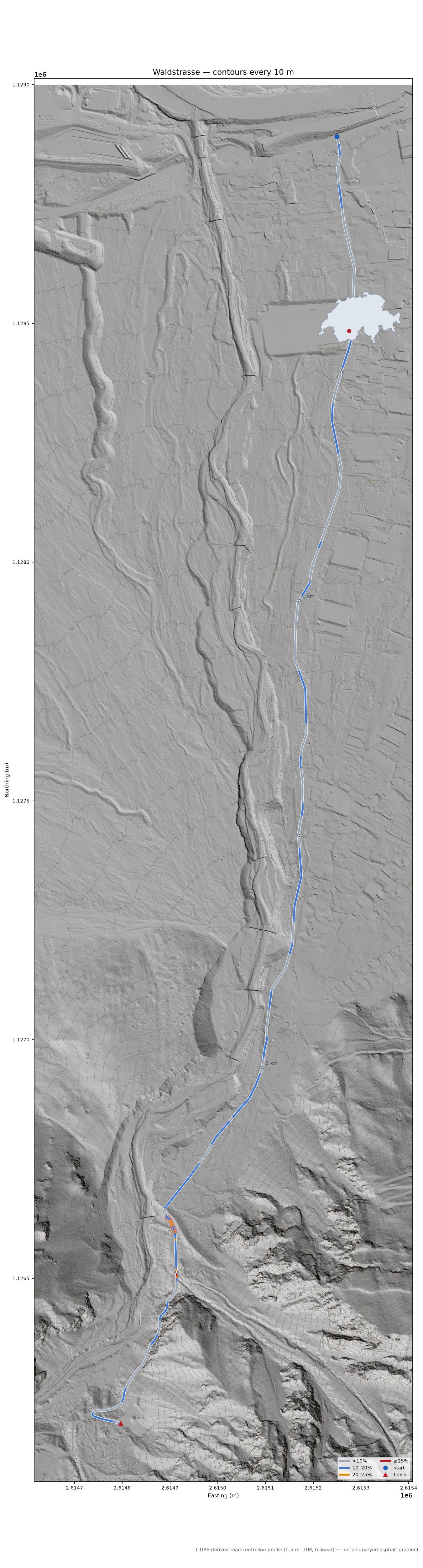 Waldstrasse LiDAR hillshade map with contours