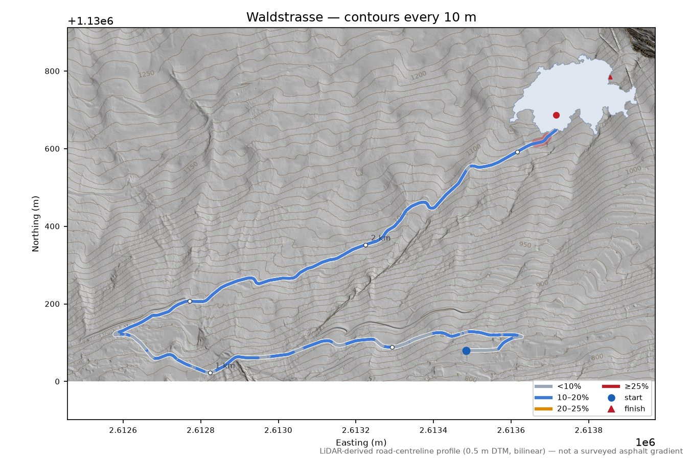 Waldstrasse LiDAR hillshade map with contours