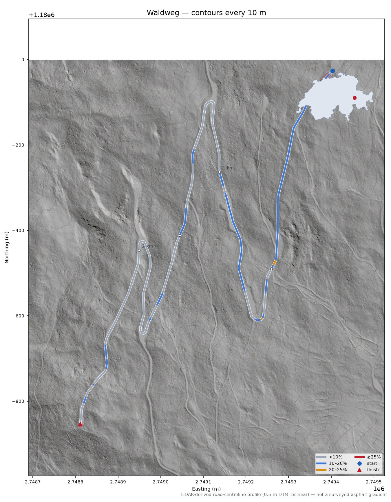 Waldweg LiDAR hillshade map with contours