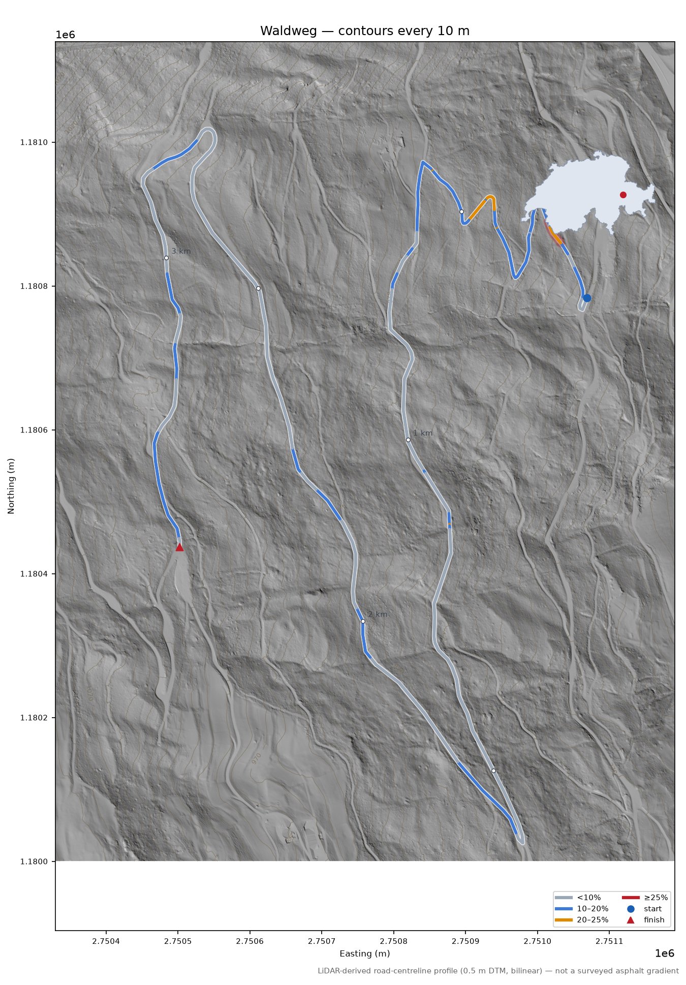 Waldweg LiDAR hillshade map with contours