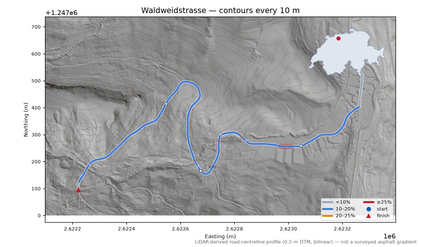 Waldweidstrasse LiDAR hillshade map with contours
