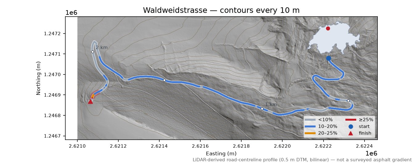Waldweidstrasse LiDAR hillshade map with contours