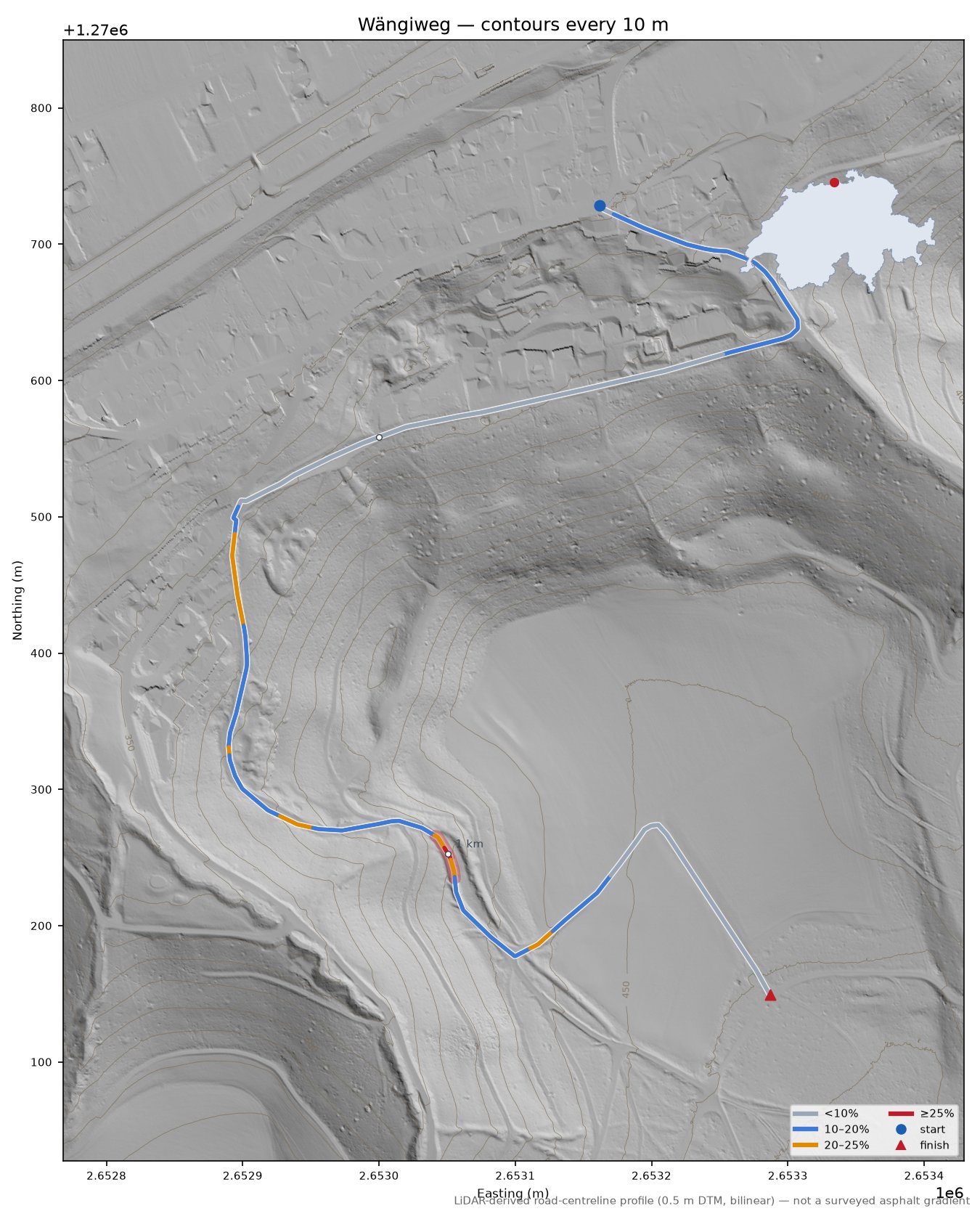 Wängiweg LiDAR hillshade map with contours