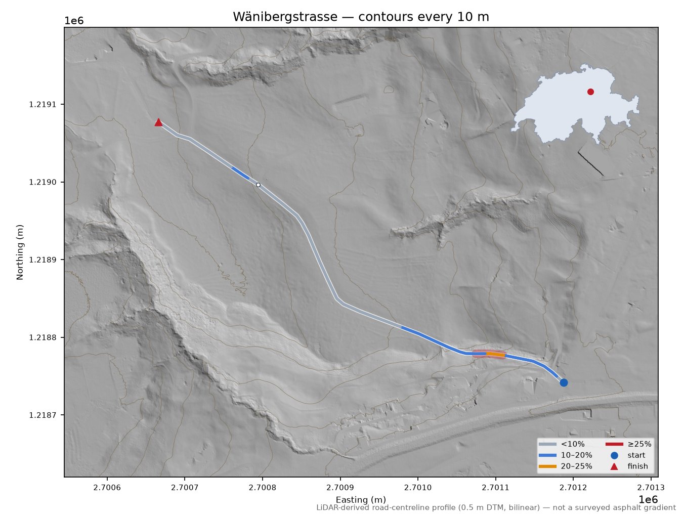 Wänibergstrasse LiDAR hillshade map with contours