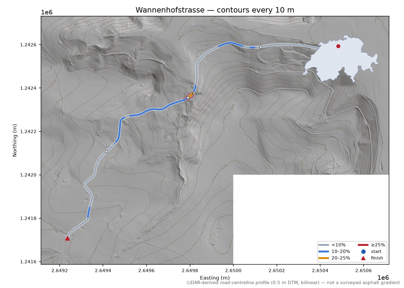 Wannenhofstrasse LiDAR hillshade map with contours