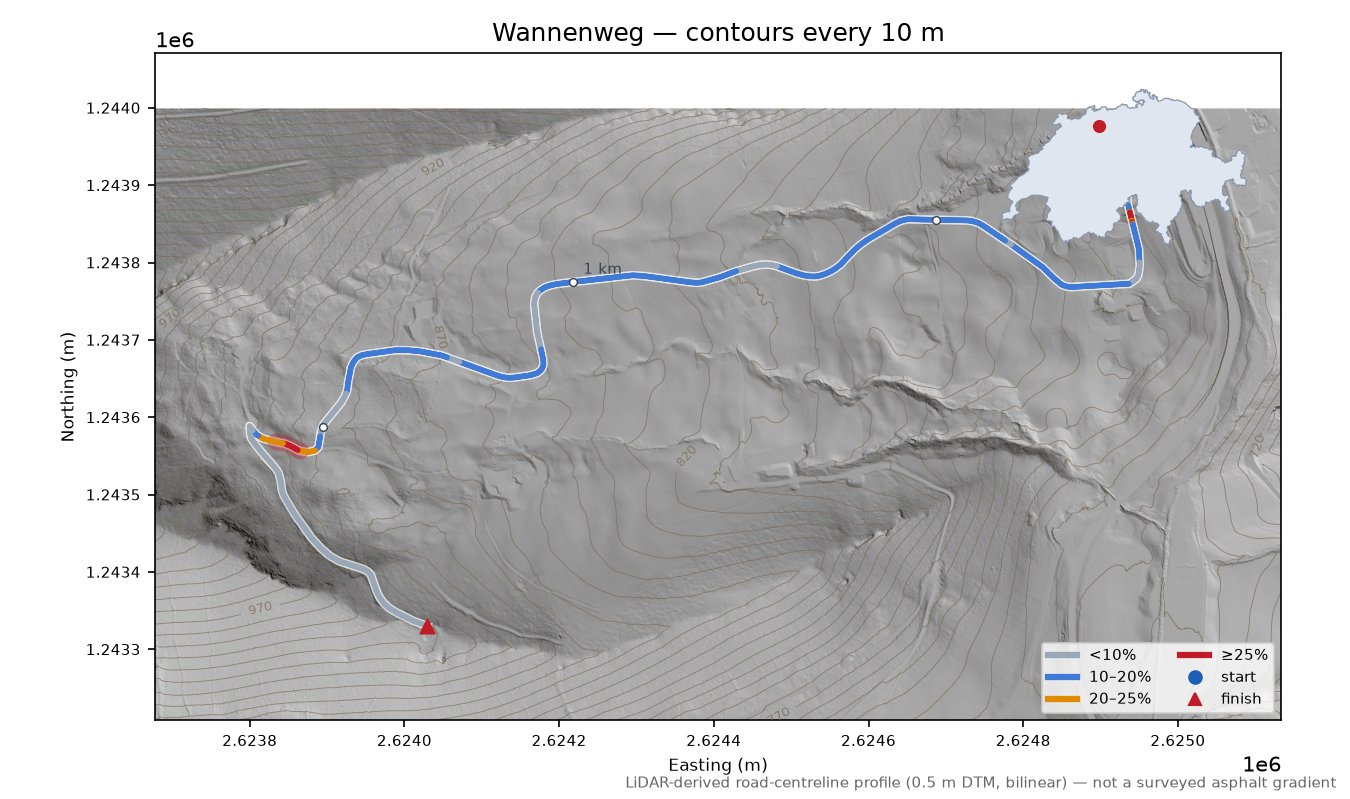 Wannenweg LiDAR hillshade map with contours