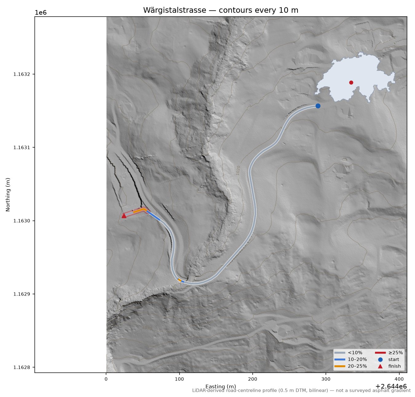 Wärgistalstrasse LiDAR hillshade map with contours