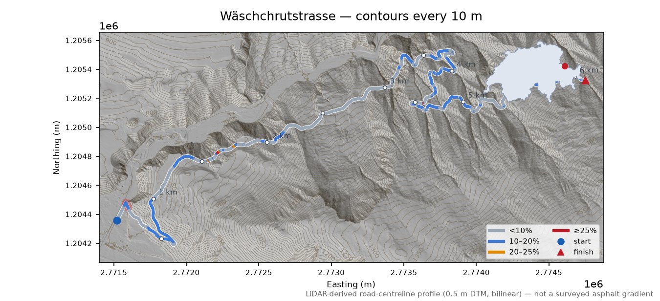 Wäschchrutstrasse LiDAR hillshade map with contours