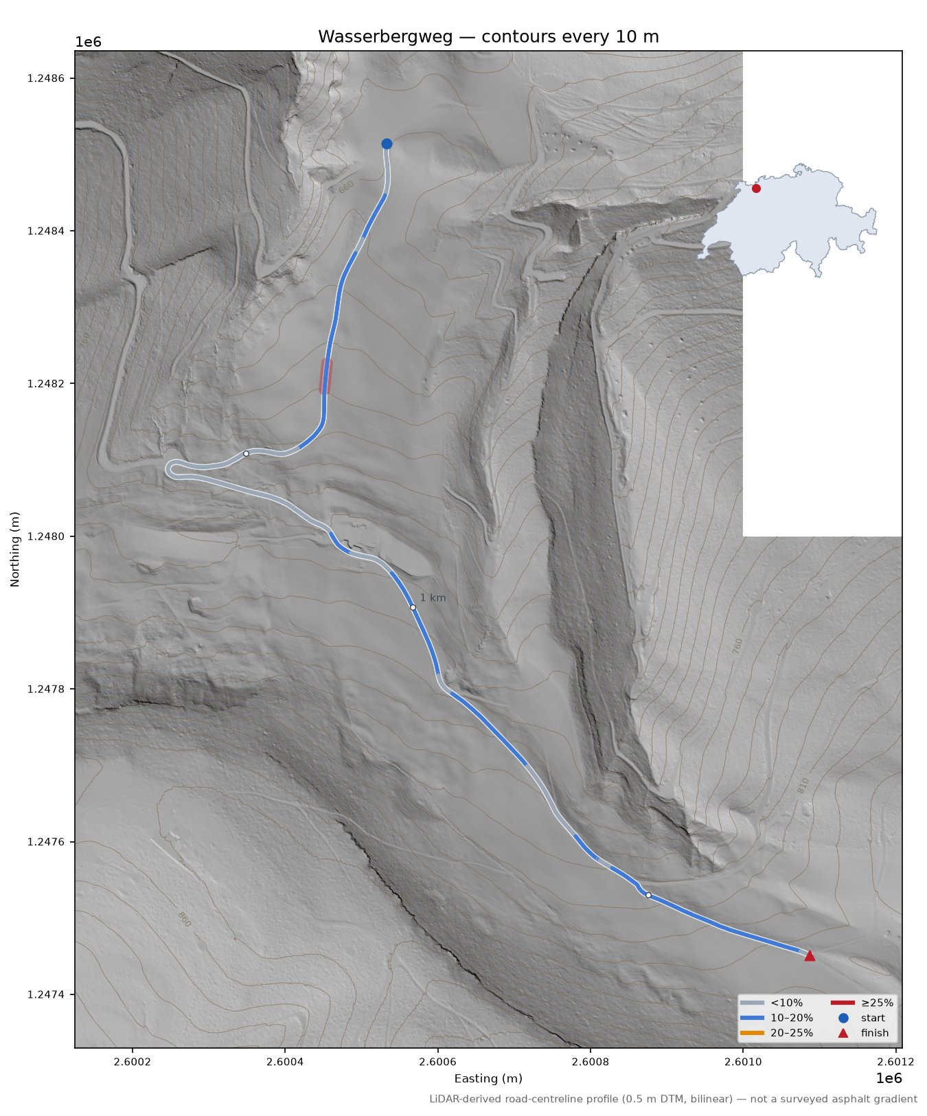 Wasserbergweg LiDAR hillshade map with contours
