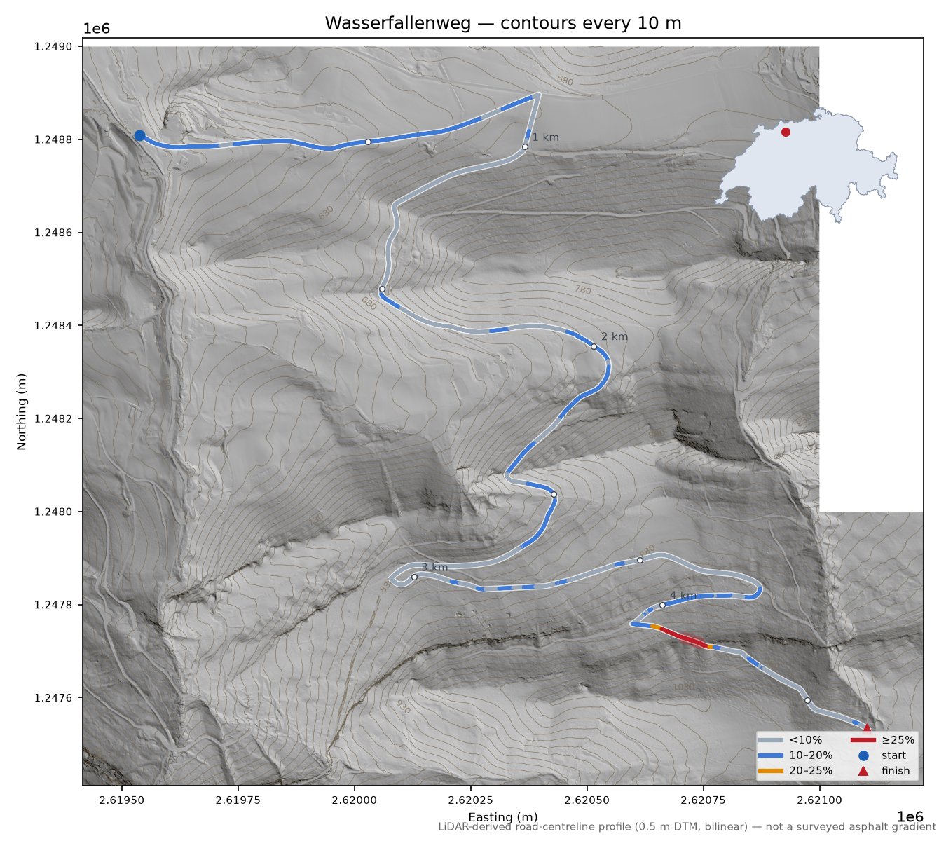 Wasserfallenweg LiDAR hillshade map with contours