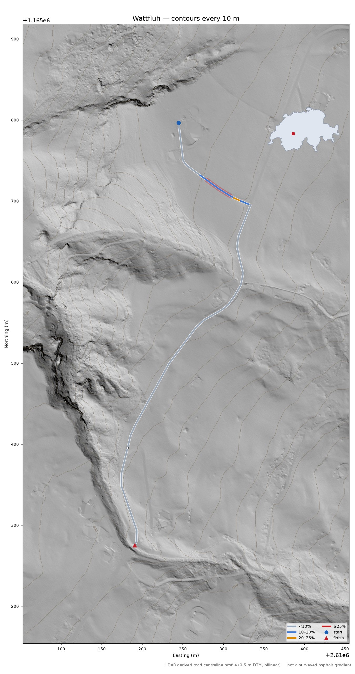 Wattfluh LiDAR hillshade map with contours