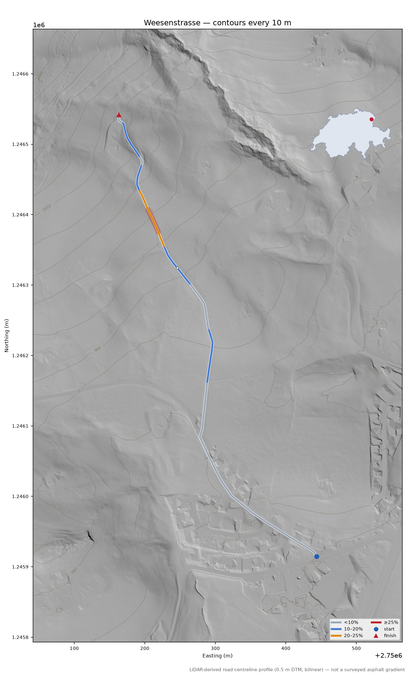 Weesenstrasse LiDAR hillshade map with contours