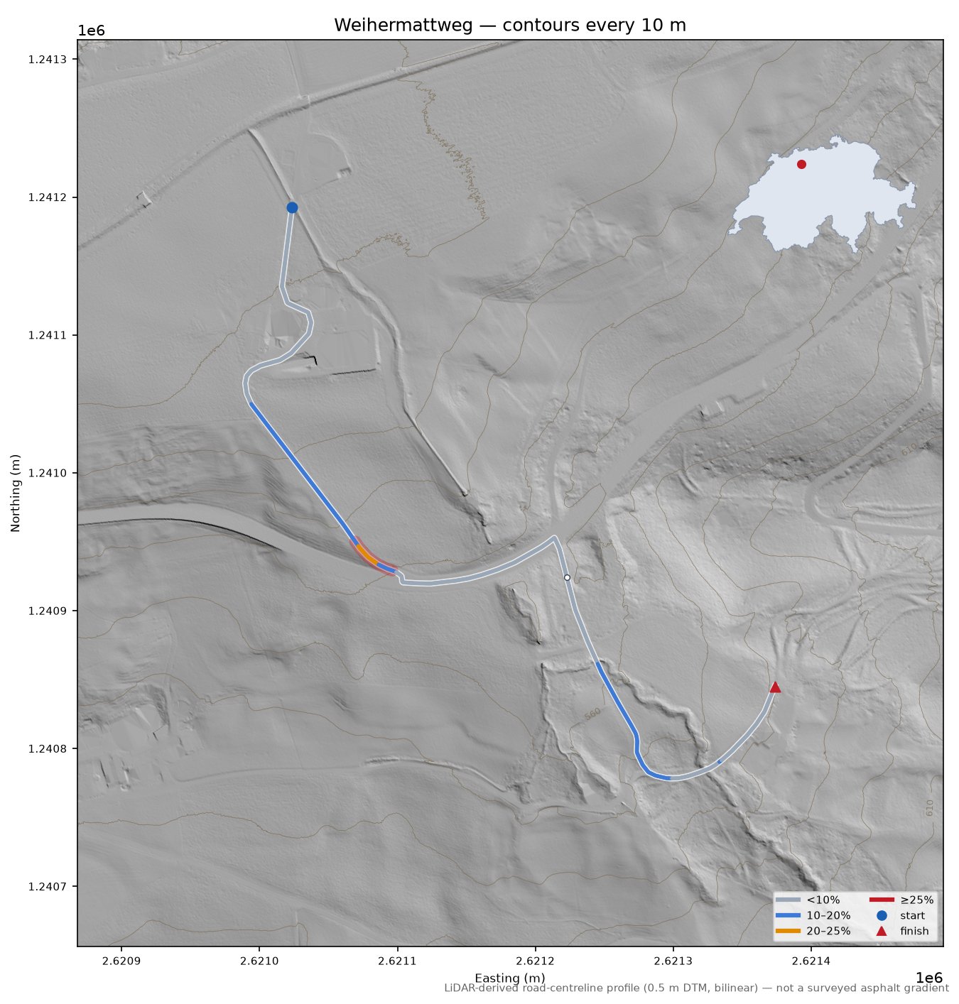 Weihermattweg LiDAR hillshade map with contours