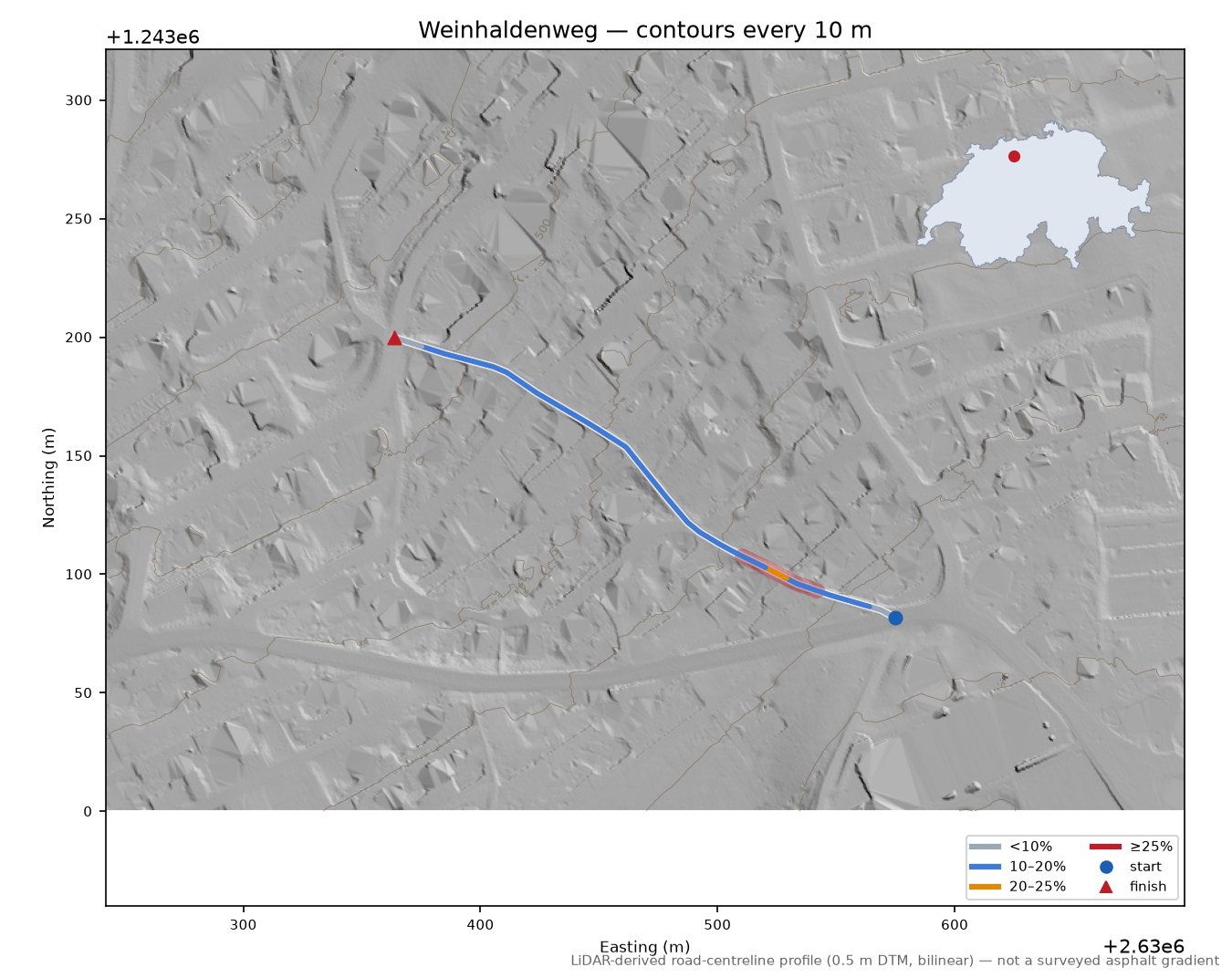 Weinhaldenweg LiDAR hillshade map with contours