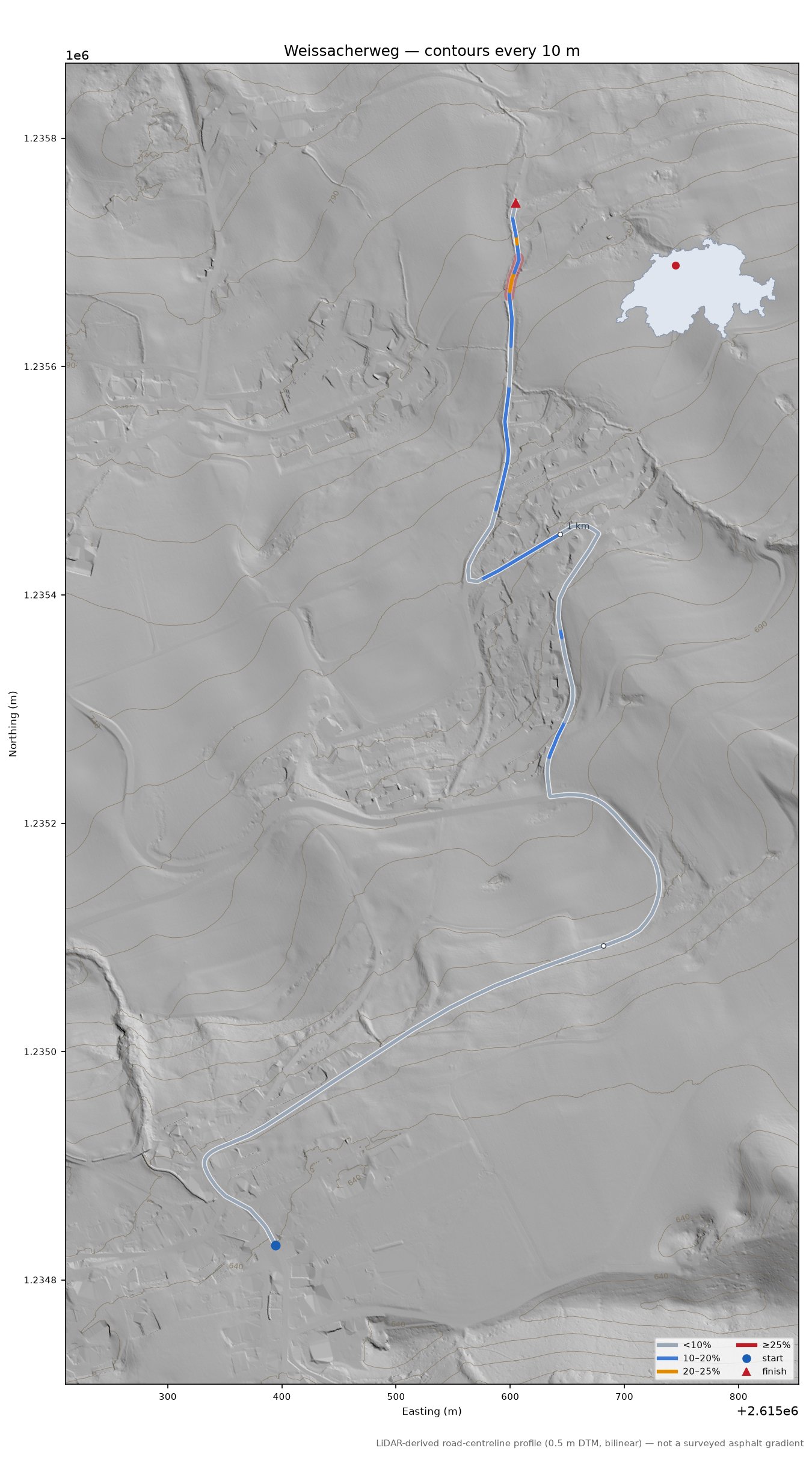 Weissacherweg LiDAR hillshade map with contours