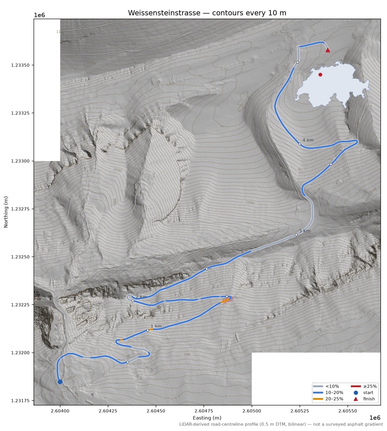 Weissensteinstrasse LiDAR hillshade map with contours