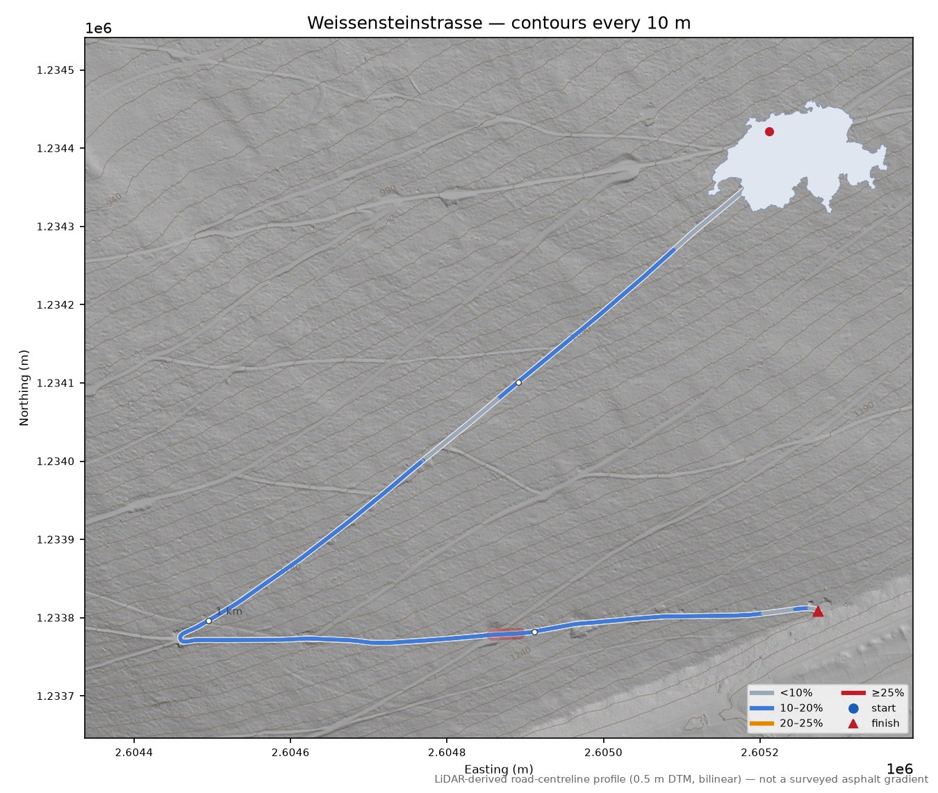 Weissensteinstrasse LiDAR hillshade map with contours