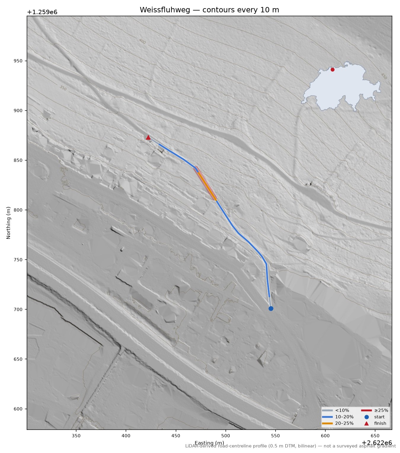 Weissfluhweg LiDAR hillshade map with contours