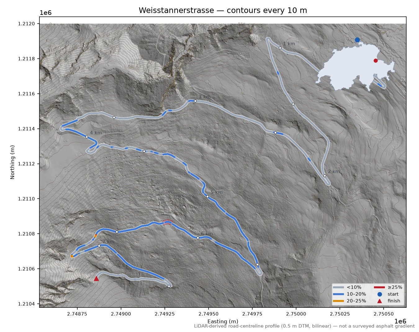 Weisstannerstrasse LiDAR hillshade map with contours