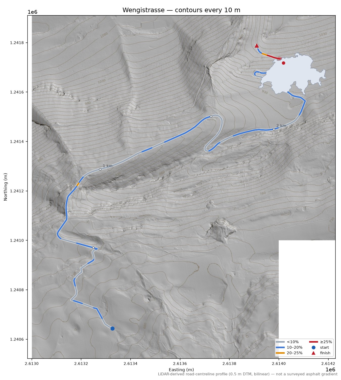 Wengistrasse LiDAR hillshade map with contours