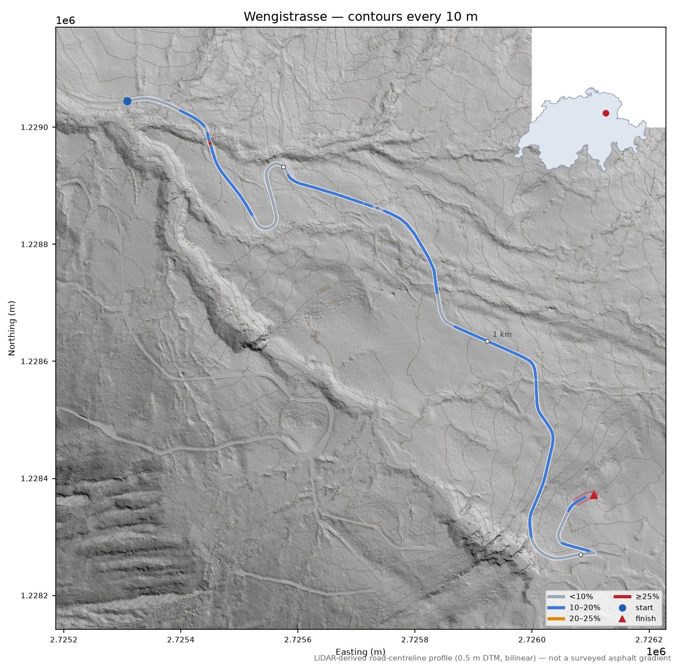 Wengistrasse LiDAR hillshade map with contours