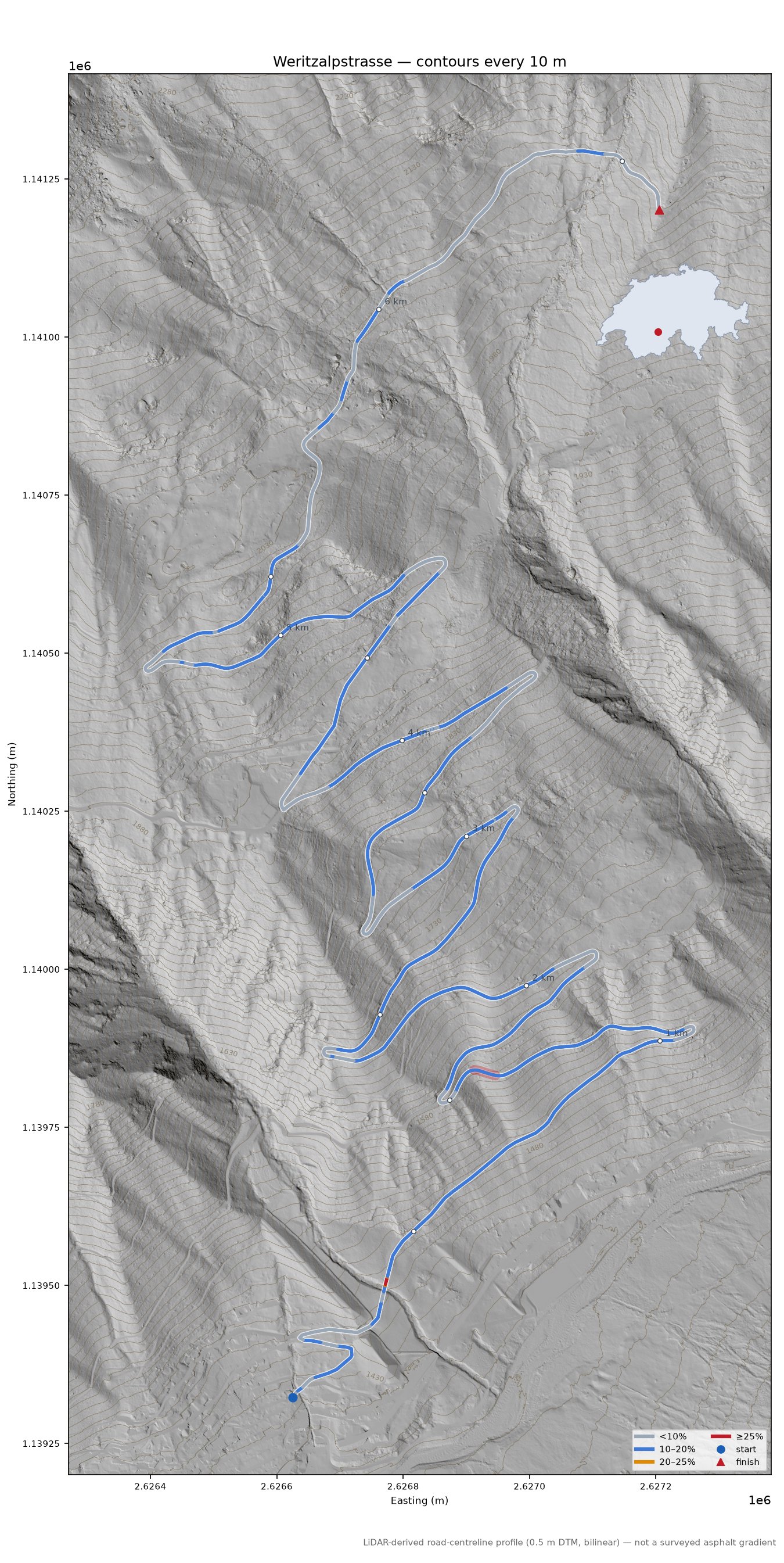 Weritzalpstrasse LiDAR hillshade map with contours