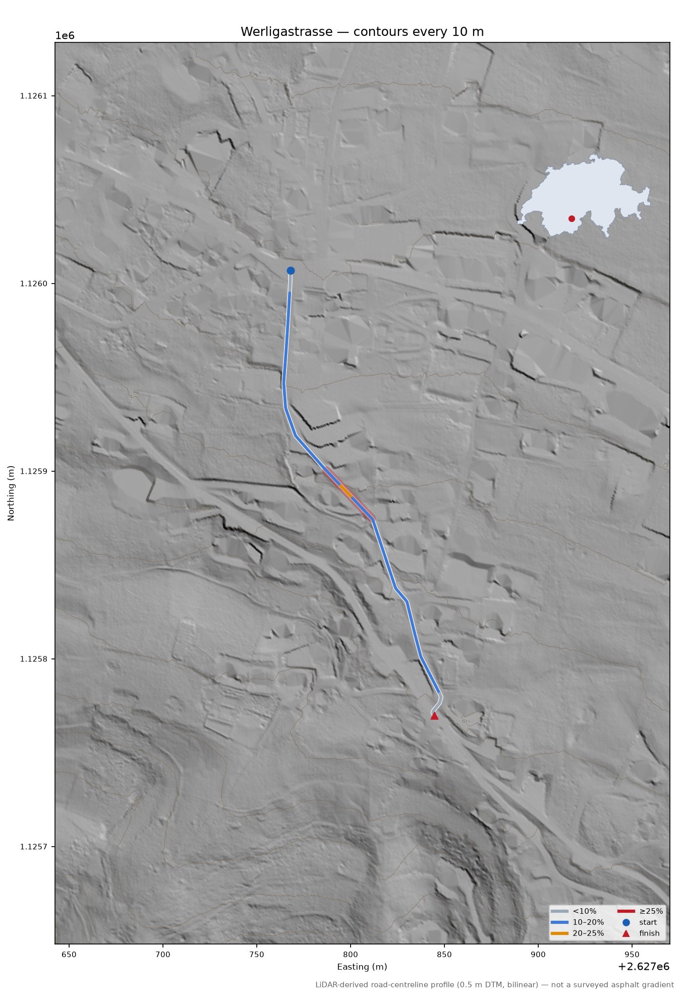 Werligastrasse LiDAR hillshade map with contours
