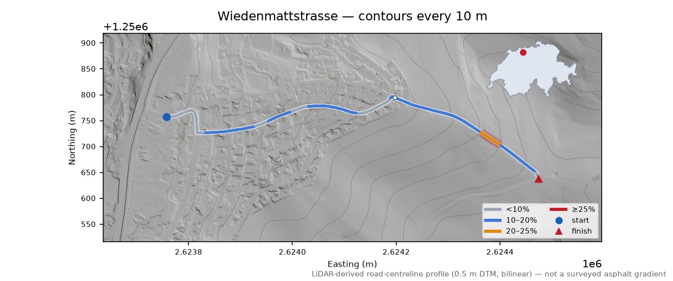 Wiedenmattstrasse LiDAR hillshade map with contours