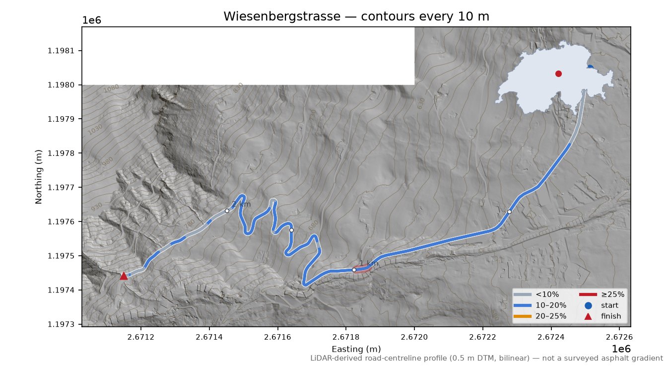 Wiesenbergstrasse LiDAR hillshade map with contours